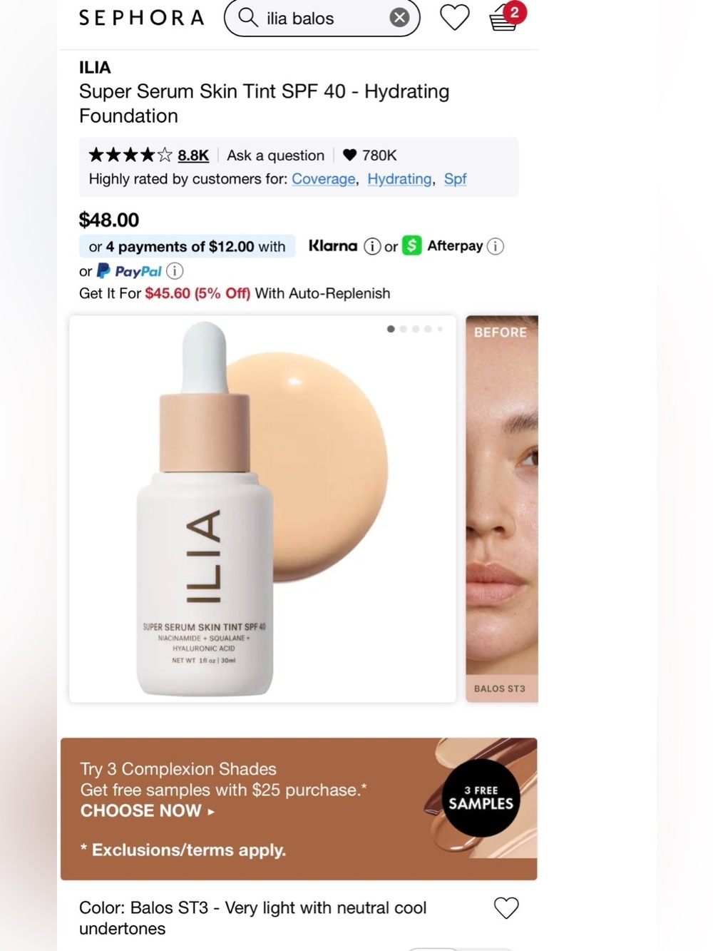 ILIA Super Serum Skin Tint SPF 40 — Light Beige Dewy Tint